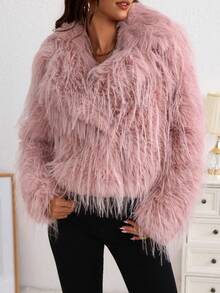 Abrigos De Pelo De Avestruz Similares Para Mujer Con Parte Delantera Abierta,Suave Y Cálido,Abrigo De Felpa Con Diseño De Color Sólido - Rosa - Ver 6