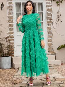 High Quality Autumn Women's Puffy Green Dress Vintage Mesh Printed Long Sleeve Mullet Swing Dress High Quality Autumn Women's Puffy Green Dress Vintage Mesh Printed Long Sleeve Mullet Swing Dresses Party Dress Wedding Guest Dress Prom Dress - Green - View 3