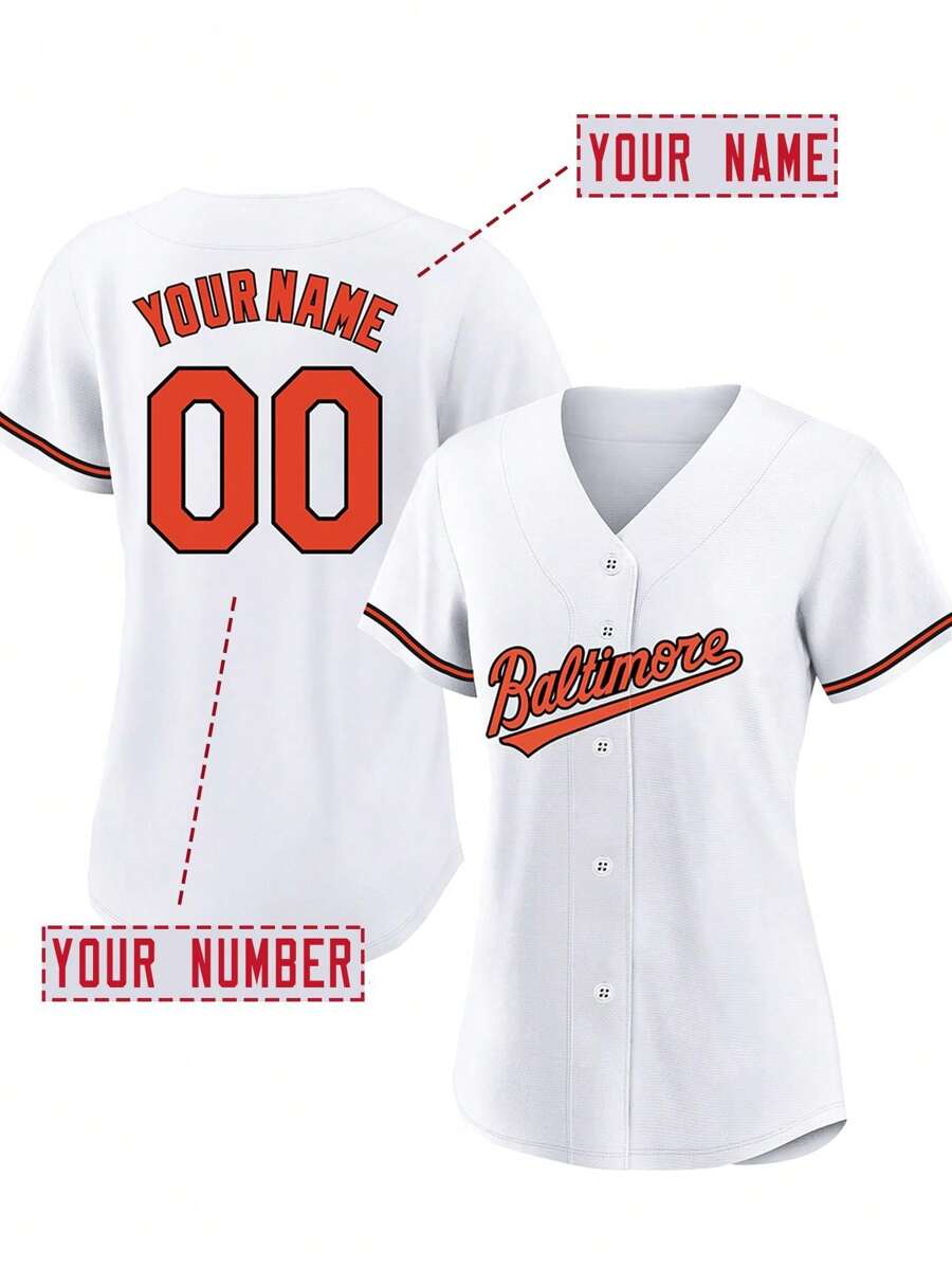 定制姓名和号码 DIY 女式刺绣棒球球衣巴尔的摩白色 V 领个性化短袖纽扣衬衫派对游戏训练比赛运动上衣 S-Xxl DIY - 白色 - 查看 1