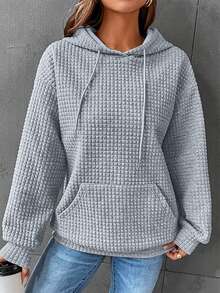 Astylish Women's Quilted Kangaroo Pocket Drawstring Hoodie - Grey - View 6