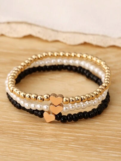3pcs/Set Vintage Minimalist Heart Pendant Elastic Bracelet - Suitable For Daily Wear Or As Valentine's Day, Mother's Day Gift