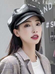 Women's Black Leather Beret Hat Model Eight Buds - Negro - Ver 5