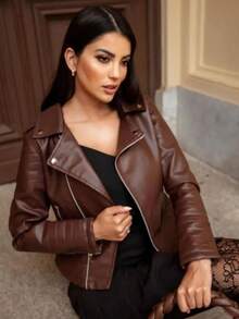 Women's Leather Jacket Collar Blazer Winter Fashion - Rust Brown - View 2