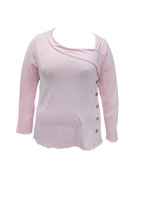 Plus Size Women Asymmetric Collar Long Sleeve T-Shirt Tops, Spring/Autumn
