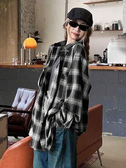 Women Spring And Autumn Drop Shoulder Long Sleeve Loose Plaid Casual Shirt,Long Sleeve Tops