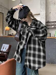 女士春秋落肩长袖宽松格子休闲衬衫、长袖上衣 - 黑色 - 查看 6