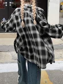 女士春秋落肩长袖宽松格子休闲衬衫、长袖上衣 - 黑色 - 查看 2