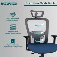 Premium Home Office Chair Ergonomic, Office Desk Chair Lumbar Support, Work Chair Adjustable Height Headrest & Armrest, Computer Chair With Thick Cushion For Back Pain Relief, Blue - Black - View 9