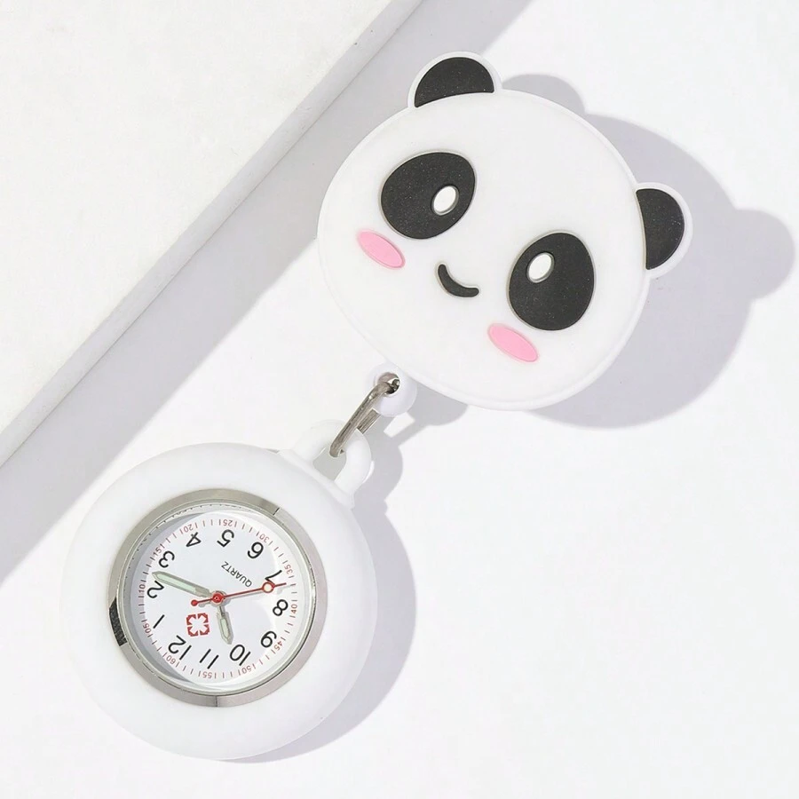 1pc Panda Cartoon Retractable Clip-On Nurse Watch, Luminous Pointer, Convenient For Wearing, Popular Among Doctors - White - View 1