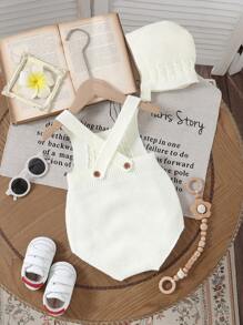 1件简约舒适婴儿无袖连体衣，带帽子，婴儿针织连体衣 - 白色 - 查看 3