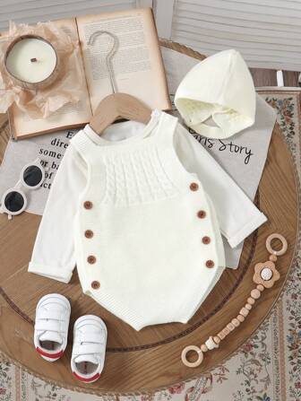 1st Minimalistisk & Bekväm Baby ärmlös Romper med mössa, spädbarn stickad jumpsuit