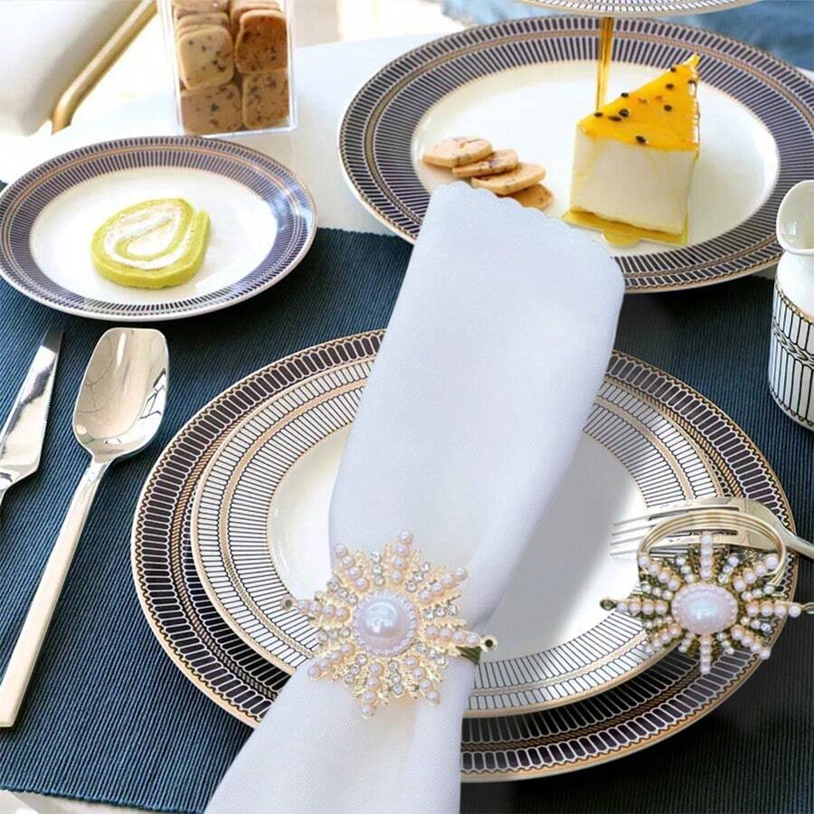 10pcs Christmas Snowflake Napkin Rings, Pearl Inlaid Napkin Holders, For Hotel, Wedding, Outdoor Dining Decoration,Home Decor,Christmas Decor,Party Supplies - Champagne - View 1