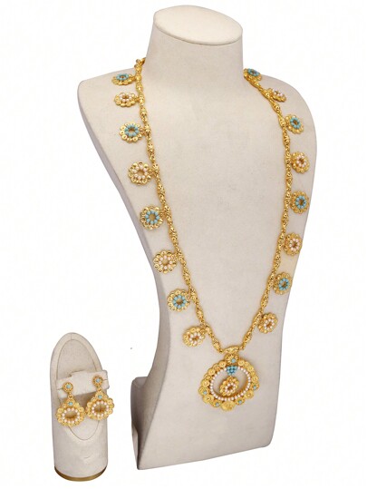 2pcs Earrings + 1pc Necklace Set, Bohemian Style 24K Gold Plated Mixed Bead Jewelry, Luxury Dubai Ladies Bridal Wedding Accessories