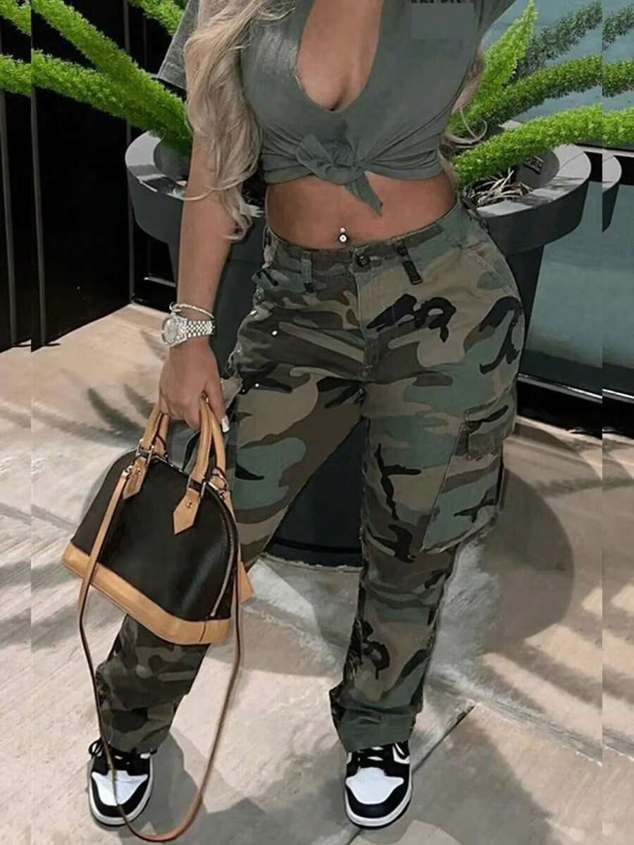 Women Straight Leg Casual Camouflage Cargo Pants Multi Pocket Straight Trouser,Ladies Spring/Fall Button,Pocket Natural Straight Leg Long Multicolor Regular Fit Women Pants,Casual Daily Wear - Multicolor - View 1