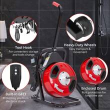 Drain Cleaner Machine With 4 Cutters & Foot Switch And Pair Of Gloves,Drain Cleaner Machines,Electric Drain Auger For 1" To 4" Pipes Electric Drain Snake Sewer Snake Drill - 紅色 K-300F 50 英尺 1/2 英寸 - 查看 5