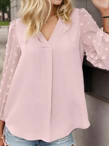 Women's Long Sleeve Top V Neck Pleated Shirts Casual Loose Chiffon Blouse - Hồng - Xem 4