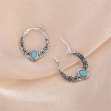 1 Cặp bông tai hình lông vũ màu xanh ngọc lam mô phỏng phong cách Boho Vintage, Quà tặng trang sức thời trang cho phụ nữ - Màu Bạc Cổ - Xem 5