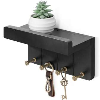 Compact Key Holder Wall Mounted - Stylish Room Decor With 4 Study Hooks And Mini Floating Shelf - Ideal Apartment Essential For Farmhouse Living Room And Home Decor