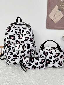3pcs Women's Leopard Print 3pcs/Set Combination Backpack With Lunch Bag And Pencil Bag, Fashionable Large Capacity Outdoor Travel Backpacks, Cute College Style Back To School Commuter Laptop Bookbag For Middle And High School StudentsSchool Backpack,School Bag,School Bookbag,Big Backpack,Backpack School,Back To School BagsLarge Capacity,Portable,Lightweight, Suitable For Teen Girls Women College Students, Perfect For Back To School,College,Middle School, High School,First Day Of School, Fashion School Backpack With Pencil Case - Pink - View 3