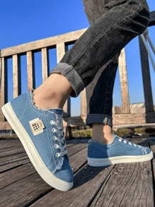 Zapatillas Informales Cómodas Y Personalizadas De Lona Plana Para Mujeres,Tenis de lona para mujer, sin cordones, color blanco deslavado y estampado de leopardo, sin cordones, a la moda,Clásicas, Suaves, Cómodas y Elegantes Zapatillas Planas de Lona para Mujer con Cordones y Diseño de Borlas en el Lateral para Llevar al Aire Libre,Zapatillas de lona de media altura para, estilo coreano de primavera/otoño, zapatos informales deportivos de bajo perfil unisex, zapatillas clásicas de lona de alta altura, zapatillas de moda y versátiles - Azul - Ver 4