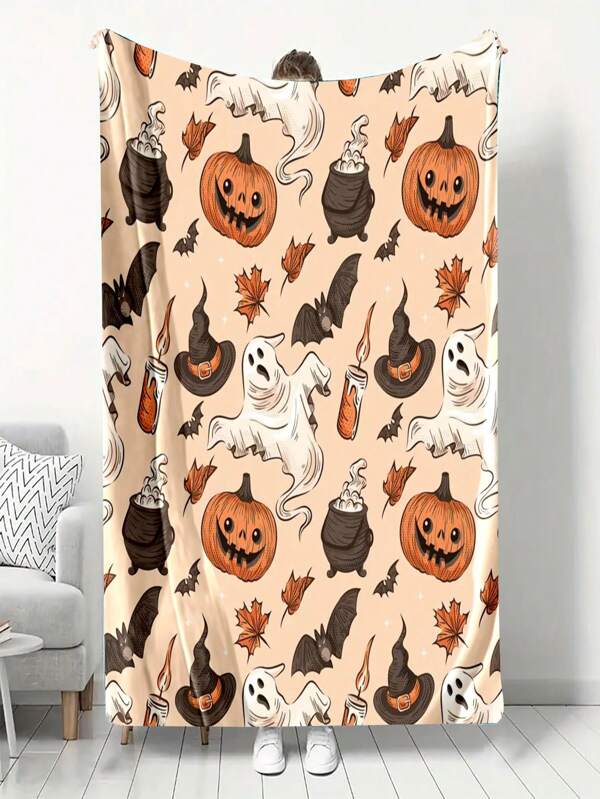 1 pièce Couverture à motif citrouille d'Halloween, chaude et confortable pour la voiture, marque de mode. Couverture en polaire imprimée numériquement de haute définition, convenant à toutes les saisons. Cadeau idéal pour la famille et les amis. Couverture multifonctionnelle petite pour la sieste au bureau, la literie, le canapé, le dortoir. Couverture douillette en tissu haut de gamme