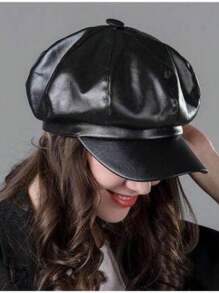 Women's Black Leather Beret Hat Model Eight Buds - Negro - Ver 4
