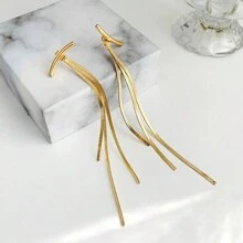Bông tai tua rua chuỗi xương rắn kim loại - Thiết kế thời trang giúp khuôn mặt thon gọn, Bông tai tua rua dài - Vàng - Xem 3