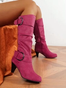 Round Toe Chunky Heel Mid-Calf Boots With Side Zipper, Women High Heel Riding Boots For Fall Winter, Fashionable Versatile - Hot Pink - View 1