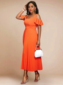 优雅方形领口办公室女士橙色连衣裙，肩部镂空和褶皱 - 橘色 - 查看 1