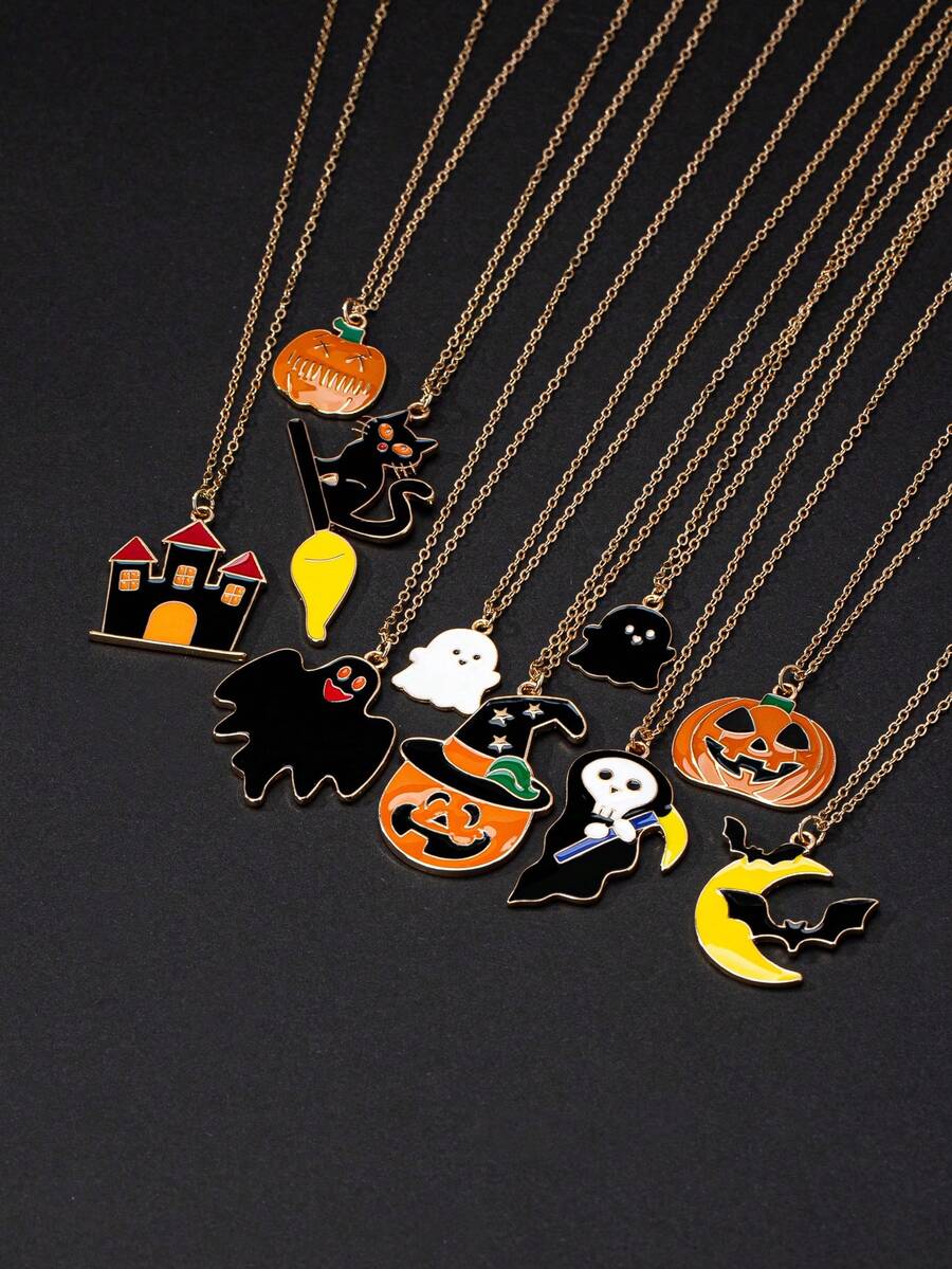 1 Piece 2024 New European And American Cross-Border Creative  Hat Jack-O '-Lantern Ghost Bat Halloween Necklace Women Wear Daily
