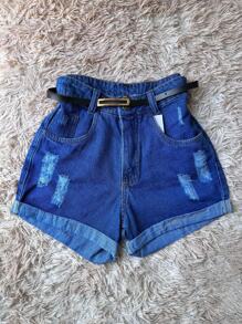 Ripped Mom Jeans Shorts With High Waist Belt Without Lycra - 深色水洗藍 - 查看 1