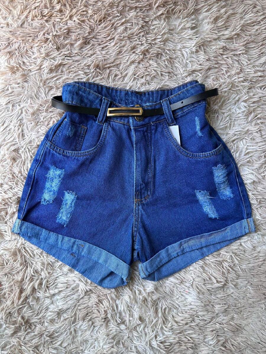 Ripped Mom Jeans Shorts With High Waist Belt Without Lycra - 深色水洗藍 - 查看 1