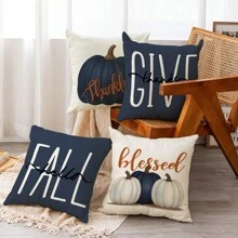 4 件秋季南瓜与字母亚麻印花枕套，45x45cm，房间装饰，卧室装饰，沙发装饰（不含枕芯） - 彩色 - 查看 3