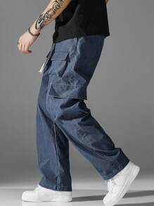 Men's Washed Multi-Pocket Cargo Cargo Pants - Blue - View 4