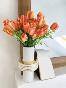 1 件 14.17 英寸塑料人造郁金香花，带 7 个花头，浪漫郁金香花束，适合婚礼、派对、家居装饰、节日和万圣节装饰 - 橘色 - 查看 1