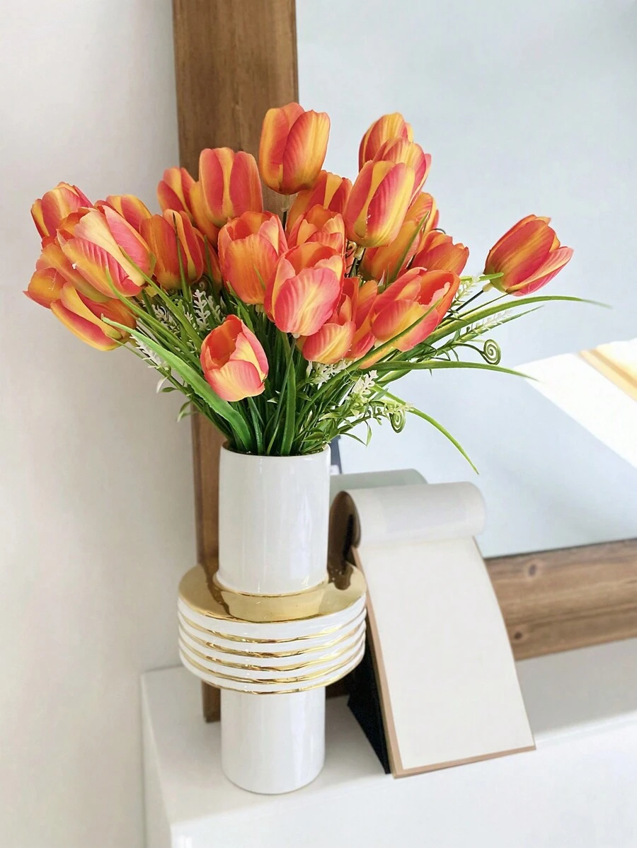 1 件 14.17 英寸塑料人造郁金香花,带 7 个花头,浪漫郁金香花束,适合婚礼、派对、家居装饰、节日和万圣节装饰 - 橘色 - 查看 1