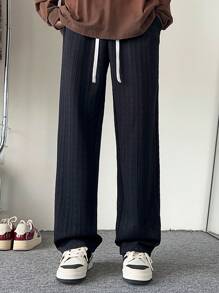 Men's Casual Loose Striped Diamond Plaid Straight Leg Pants - Black - View 5