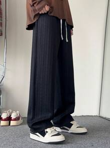 Men's Casual Loose Striped Diamond Plaid Straight Leg Pants - Black - View 7