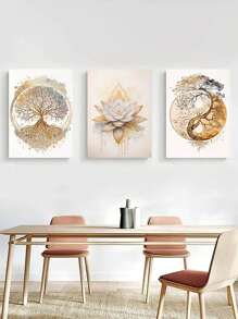 3幅现代生命之树与莲花海报，家居装饰，舒缓墙面艺术装饰，客厅、卧室、办公室、餐厅墙面装饰，绘画，房间美学印刷艺术品礼品 - 彩色 - 查看 5