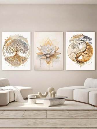 3 pièces, affiche moderne d'arbre de vie et de lotus, décoration d'intérieur, décoration murale apaisante, salon, chambre à coucher, bureau, décoration murale de salle à manger, peinture, cadeau d'art imprimé esthétique de pièce