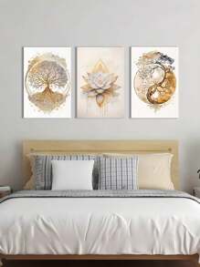 3幅现代生命之树与莲花海报，家居装饰，舒缓墙面艺术装饰，客厅、卧室、办公室、餐厅墙面装饰，绘画，房间美学印刷艺术品礼品 - 彩色 - 查看 3