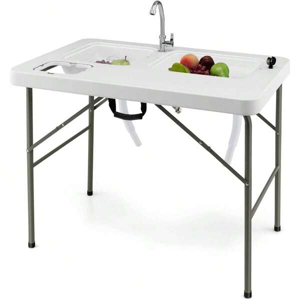 Mesa para filetear portátil, mesa plegable para acampar con 2 fregaderos y grifo giratorio, bote de basura funcional y marca de medición, estación de limpieza de pescado para acampar, pescar, picnic