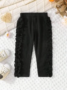 4pcs/Set Baby Girls' Fashionable Sweet Solid Color Ribbed Floral Trim Pants Multicolor Combo - Multicolor - View 3
