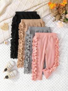 4pcs/Set Baby Girls' Fashionable Sweet Solid Color Ribbed Floral Trim Pants Multicolor Combo - Multicolor - View 1