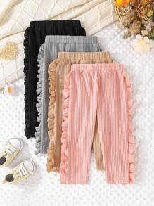 4pcs/Set Baby Girls' Fashionable Sweet Solid Color Ribbed Floral Trim Pants Multicolor Combo - Multicolor - View 2