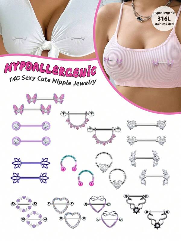 2pcs/Set Sexy Romantic Nipple Rings 316L Surgical Steel Snake Butterfly Heart Nipple Rings Purple Clear CZ Nipple Stud Ball Lotus Nipple Barbell Rings Nipple Piercing Jewelry For Women Girls & Men For Dating Party Daily Wear