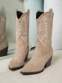 Women's Western Embroidery Pattern Chunky Heel Fashion V-Cut Boots