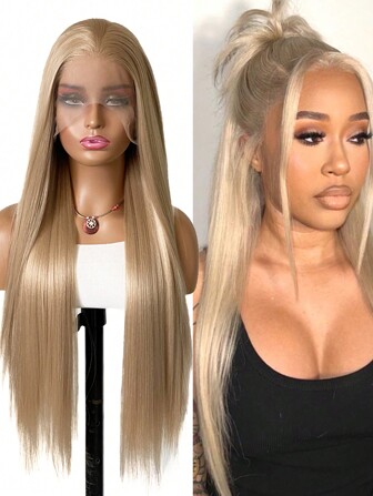 AIMEYA 3*4 blonda syntetiska spetsfrämre peruker Förplockade naturliga hårfäste Långa peruker för kvinnor limlöst rakt hår Blond spetsframsida syntetiska peruker Värmebeständigt fiberhår 24 tum