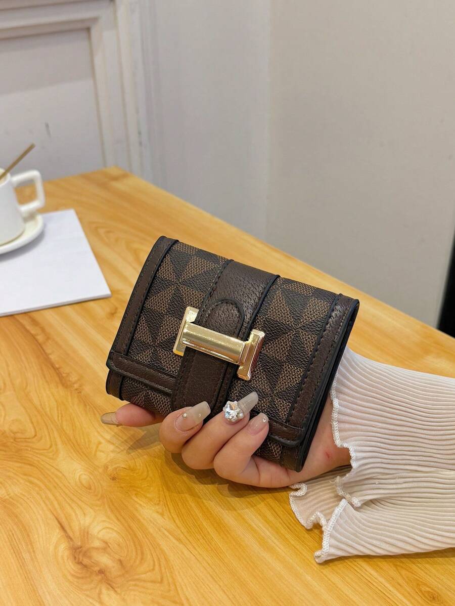 Ví gấp 3 ngăn nhỏ gọn nhiều ngăn hình răng sói màu đen dành cho nữ, ngăn đựng thẻ tín dụng chống trộm, ví ngắn phong cách cổ điển - màu nâu - Xem 1