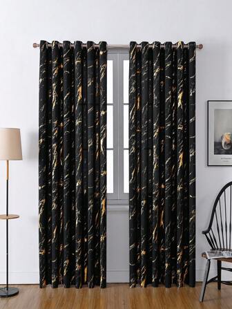 2pcs Minimalist White Marble Texture Curtain For Living Room & Bedroom